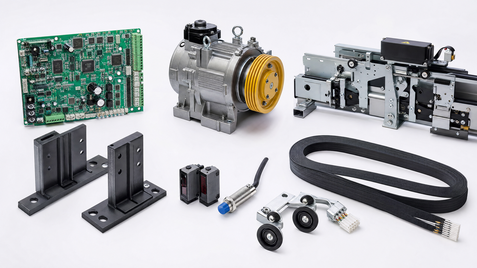 High-quality elevator spare parts including PCB boards, traction motors, door operators, sensors, and traveling cables laid out on a white surface.