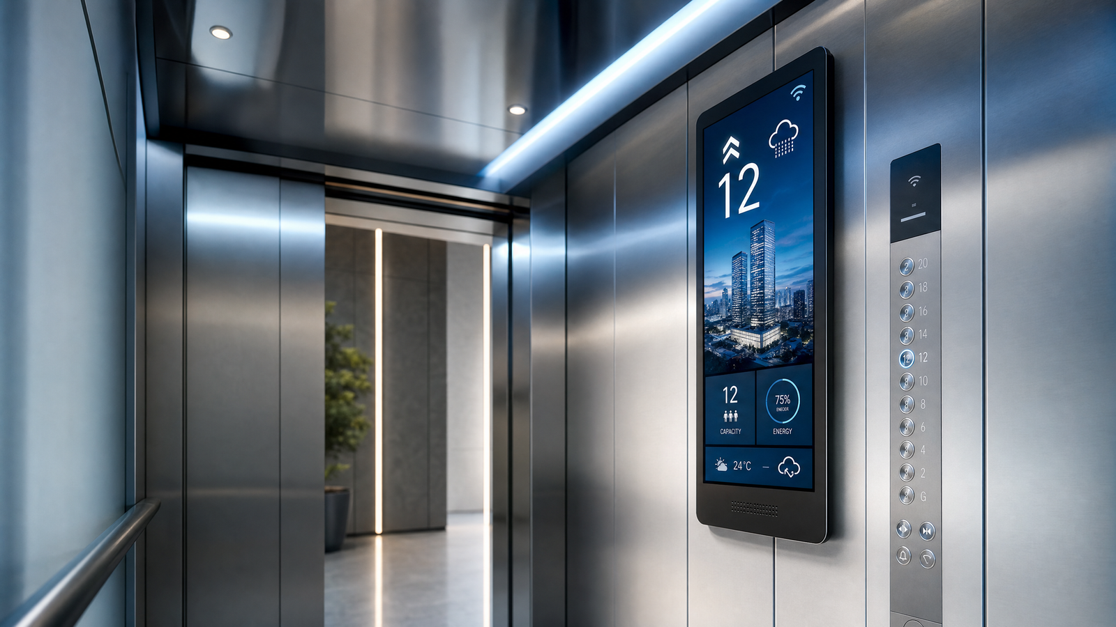 Modern smart elevator interior with a sleek digital in-car display showing real-time floor information, IoT connectivity icons, and building data on a stainless steel cab wall.