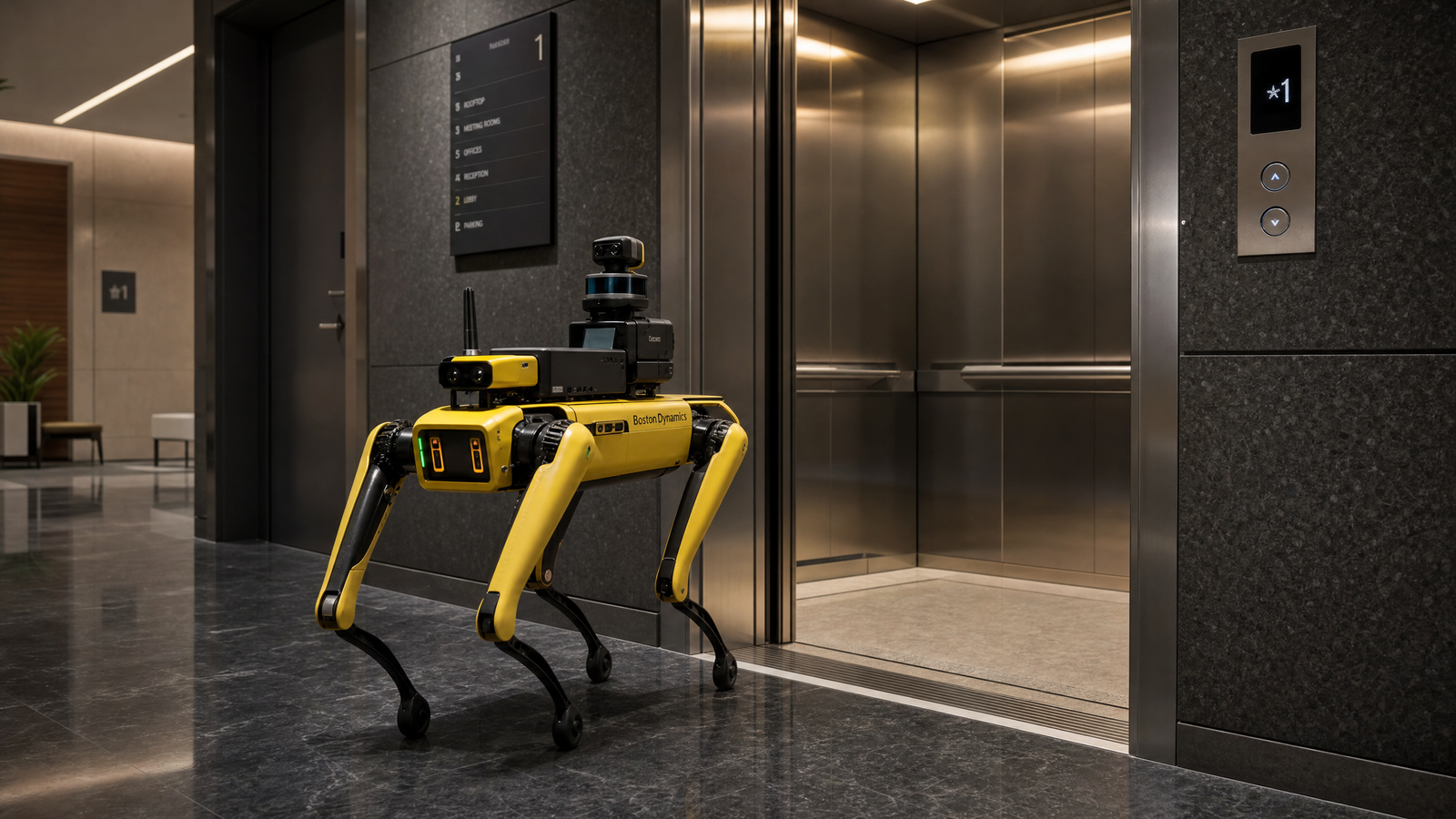 A yellow quadruped robot dog (Boston Dynamics Spot) standing in a modern commercial building lobby, autonomously approaching an open elevator.