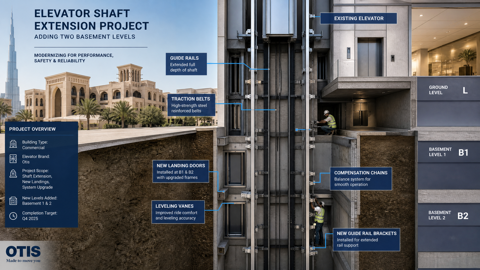 Otis elevator shaft extension project diagram showing downward extension to two new basement floors in a Middle East building